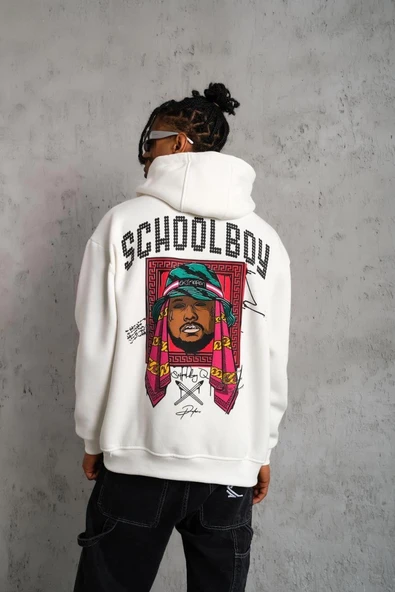 Erkek 3 İplik Pamuklu Kapüşonlu Baskılı Cepli Oversize Sweatshirt Hoodie - Beyaz ürün görseli 1