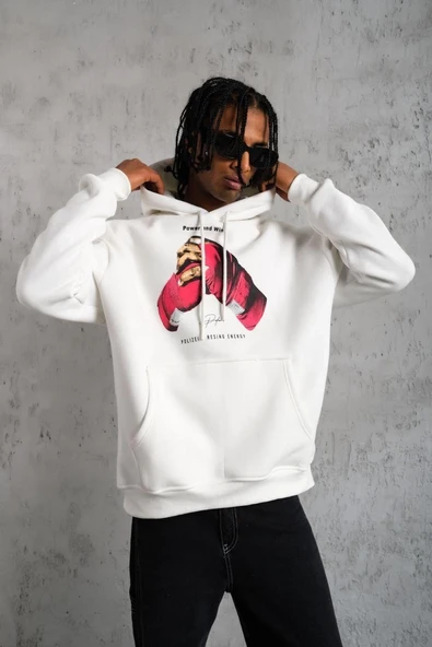 Erkek Kapüşonlu Cepli Boks Eldiven Baskılı 3 İplik Sweatshirt Hoodie - Beyaz ürün görseli 1