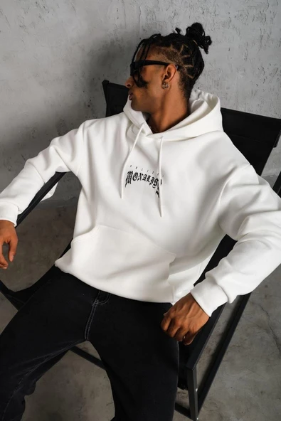 Erkek Baskılı Kapüşonlu ve Kanguru Cepli Sweatshirt hoodie - Beyaz ürün görseli 1