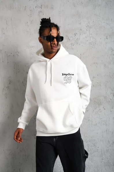 Erkek 98 Baskılı Kapşonlu 3 iplik pamuklu Sweatshirt hoodie - Beyaz ürün görseli 1