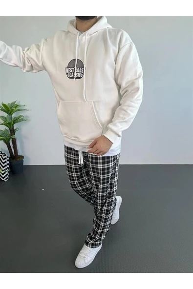 Erkek 3 İplik Pamuklu Kapüşonlu Baskılı Cepli Oversize Sweatshirt Hoodie - Beyaz ürün görseli 1