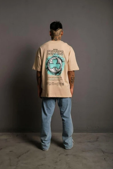 Erkek Kısa Kol Yazlık Tişört Bisiklet Yaka Baskılı Oversize T-Shirt - Bej ürün görseli 1