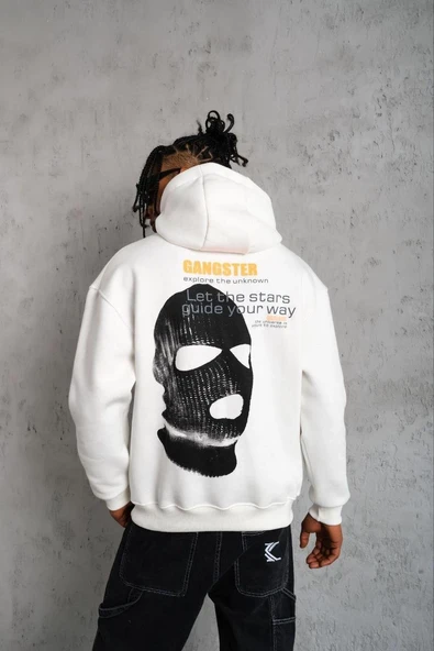 Erkek Maske Baskılı 3 iplik pamuklu Kapüşonlu Sweatshirt hoodie - Beyaz ürün görseli 1