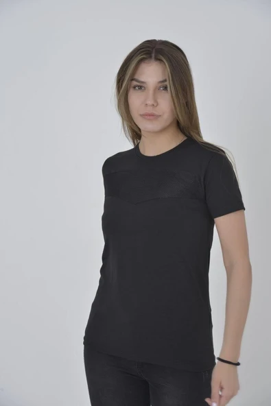 Kadın Gögüs Fileli T-Shirt Kısa Kol Bisiklet Yaka Slimfit Tişört   - Siyah ürün görseli 1