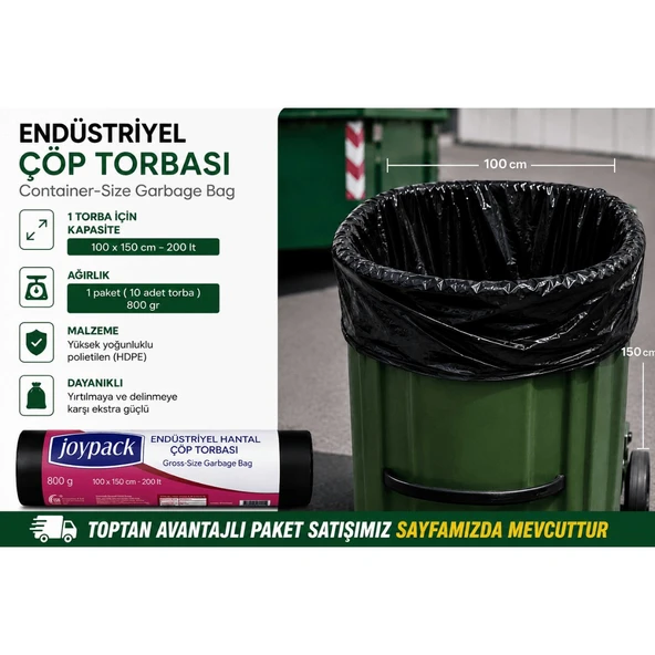 Joypack 100x150 cm Endüstriyel Hantal Çöp Torbası 200 Litre 800 Gr 10 Adet Rulo Çöp Poşeti ürün görseli 1