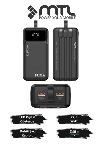30000 mAh 22.5W Turbo Şarj Dahili Kablolu Dijital LED Göstergeli PD ve QC 3.0 Powerbank MT4331 ürün görseli 1