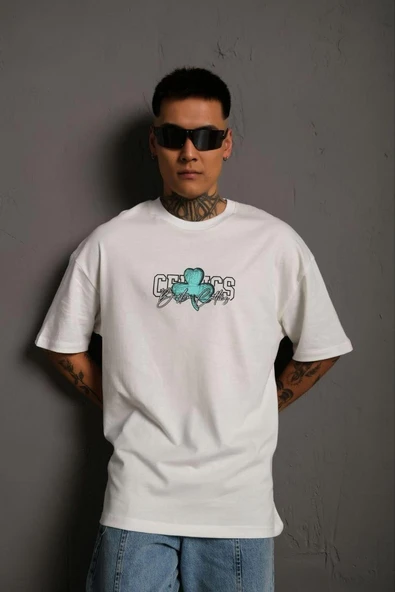 Erkek Kısa Kol Yazlık Tişört Bisiklet Yaka Baskılı Oversize T-Shirt - Beyaz ürün görseli 1