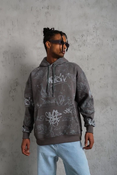 Erkek 3 İplik Pamuklu Kapüşonlu Kanguru Cepli Sweatshirt Hoodie -  Gri ürün görseli 1