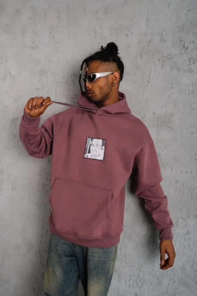 Erkek 3 İplik Pamuklu Kapüşonlu Baskılı Cepli Sweatshirt Hoodie - Gül Kurusu ürün görseli 1