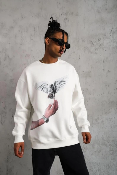 Erkek Güvercin Baskılı 3 iplik pamuklu Bisiklet Yaka Sweatshirt - Beyaz ürün görseli 1