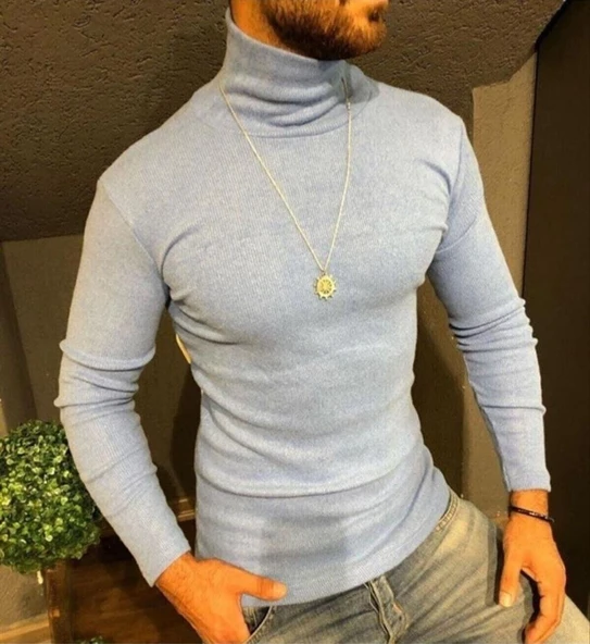 Erkek Kaşkorse Boğazlı Full Likralı Fitilli Body Kazak - Gri ürün görseli 1
