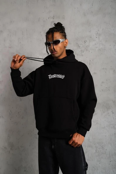Erkek Baskılı Kapüşonlu 3 iplik pamuklu hoodie Sweatshirt - Siyah ürün görseli 1