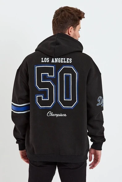 Erkek 3 İplik Pamuklu Kapüşonlu Baskılı Cepli Oversize Sweatshirt Hoodie - Siyah ürün görseli 1