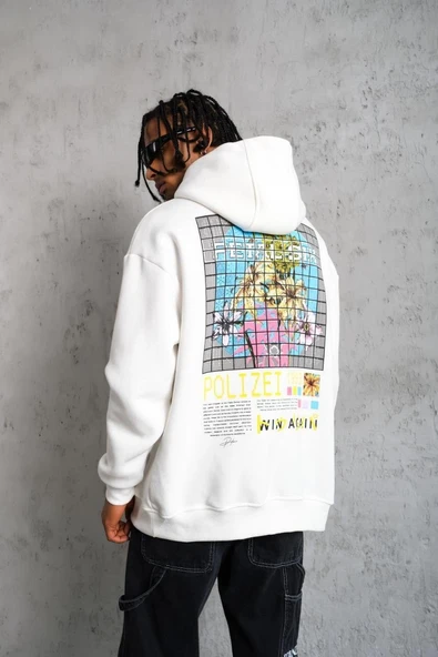 Erkek 3 İplik Pamuklu Kapüşonlu Baskılı Cepli Oversize Sweatshirt Hoodie - Beyaz ürün görseli 1