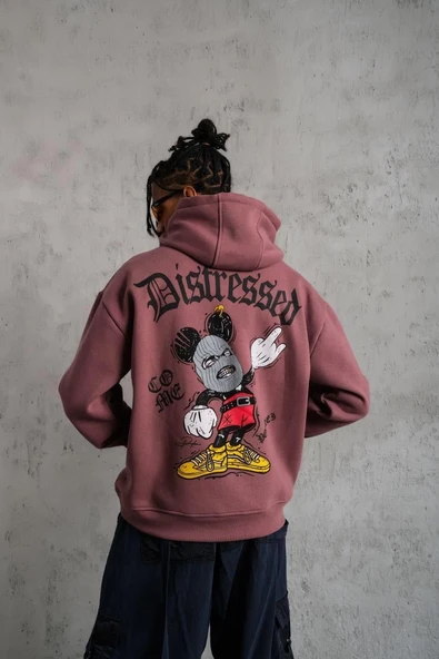 Erkek 3 İplik Pamuklu Kapüşonlu Kanguru Cepli Sweatshirt Hoodie - Gül Kurusu ürün görseli 1
