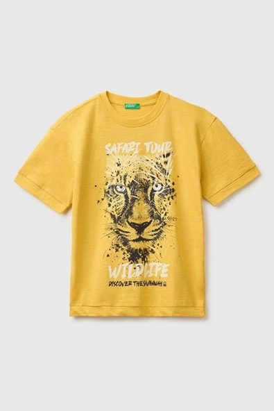 United Colors of Benetton Erkek Çocuk Hardal Sarısı Önü Baskı Detaylı Bisiklet Yaka T-Shirt 6-14 Yaş ürün görseli 1