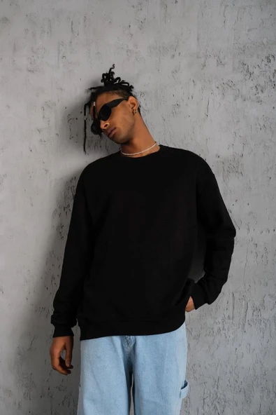 Erkek Bisiklet Yaka Baskılı 3 İplik Pamuklu Sweatshirt -  Siyah ürün görseli 1