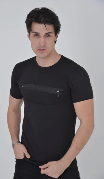 Erkek Gögüs Fermuarlı T-Shirt Kısa Kol Bisiklet Yaka Slimfit Tişört - Siyah ürün görseli 1