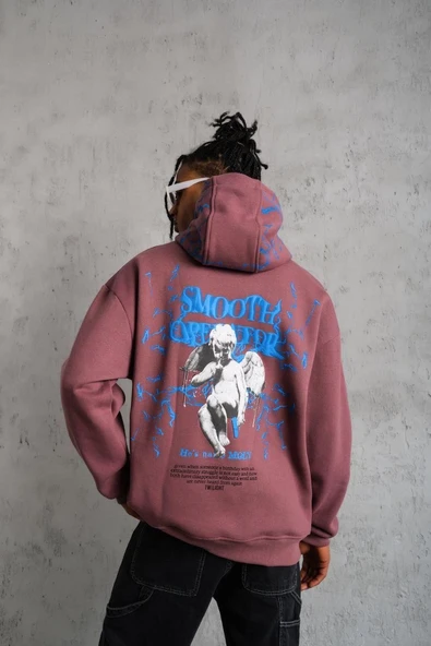 Erkek 3 İplik Pamuklu Kapüşonlu Baskılı Cepli Sweatshirt Hoodie - Gül Kurusu ürün görseli 1