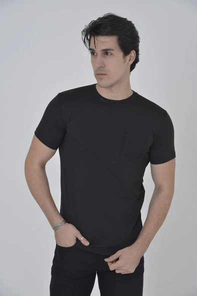Erkek File Çepli  T-Shirt Kısa Kol Bisiklet Yaka Slimfit Tişört - Siyah ürün görseli 1