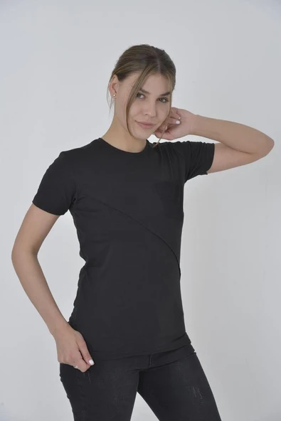 Kadın File Cepli T-Shirt Kısa Kol Bisiklet Yaka Slimfit Tişört  - Siyah ürün görseli 1