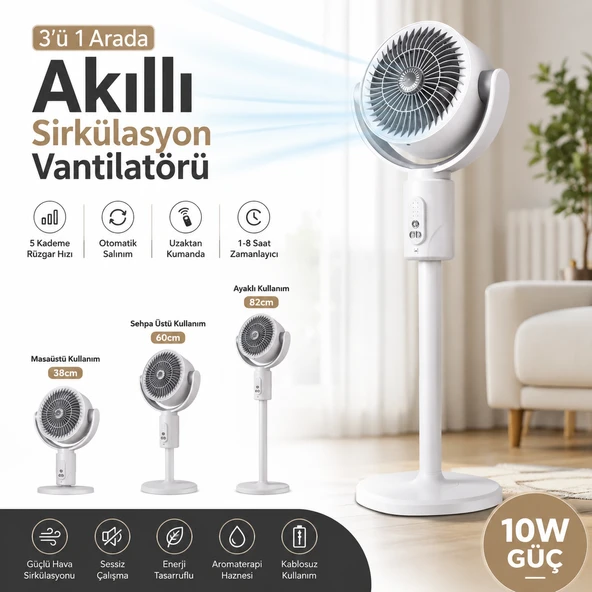 3'ü 1 Arada Akıllı Sirkülasyon Vantilatörü 10W Şarjlı Ayaklı Masaüstü Fan Uzaktan Kumandalı 5 Kademeli ürün görseli 1