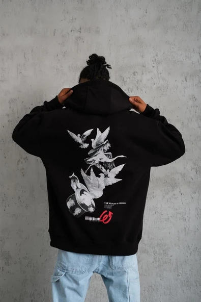 Erkek 3 İplik Pamuklu Kapüşonlu Baskılı Cepli Oversize Sweatshirt Hoodie - Siyah ürün görseli 1