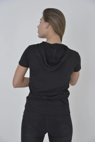 Kadın Kapüşonlu T-Shirt Kısa Kol Bisiklet Yaka Slimfit Tişört   - Siyah ürün görseli 1