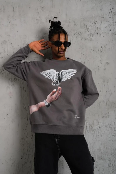 Erkek Güvercin Baskılı 3 iplik pamuklu Bisiklet Yaka Sweatshirt - Gri ürün görseli 1