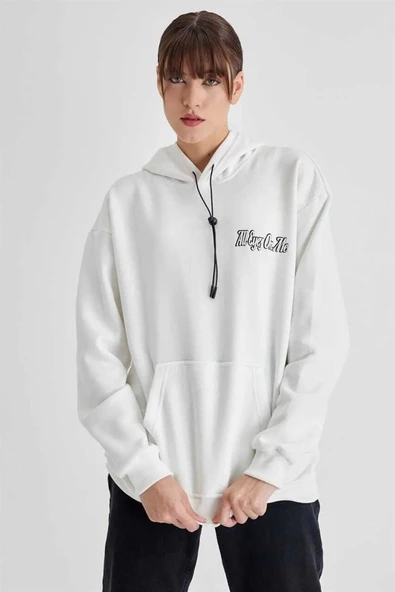 Kadın Oversize Kapüşonlu Cepli TUPAC Baskılı 3 İplik Pamuklu Hoodie Sweatshirt - Beyaz ürün görseli 1