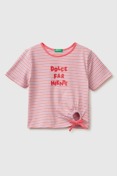 United Colors of Benetton Kız Çocuk Kırmızı Mix Önü Düğümlü Baskılı Regular Fit T-Shirt 6-14 Yaş ürün görseli 1