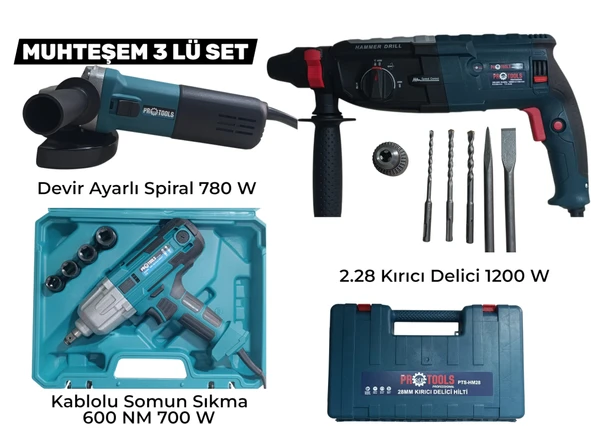 Profesyonel 3'lü Muhteşem Set - 2.28 Kırıcı Delici Hilti 1200 W, Devir Ayarlı Spiral 780 W ve Somun Sıkma 600 NM ürün görseli 1