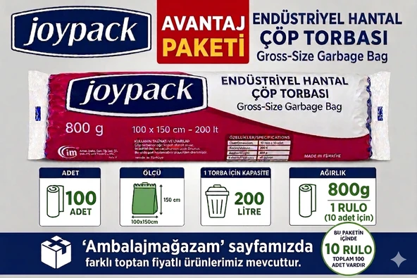 Joypack 100x150 cm 100 Adet 10'Lu Avantaj Paket Endüstriyel Hantal Çöp Torbası 200 Litre Ağır Hizmet Çöp Poşeti ürün görseli 1
