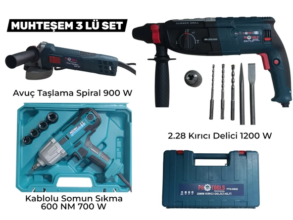 Profesyonel 3'lü Muhteşem Set - 2.28 Kırıcı Delici Hilti 1200 W, Avuç Taşlama Spiral 900 W ve Somun Sıkma 600 NM ürün görseli 1