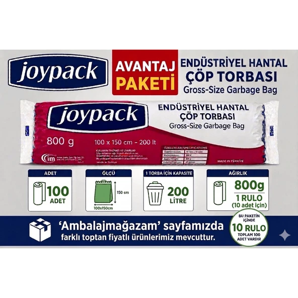 Joypack 100x150 cm 100 Adet 10'Lu Avantaj Paket Endüstriyel Hantal Çöp Torbası 200 Litre Ağır Hizmet Çöp Poşeti ürün görseli 1