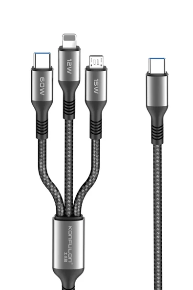 Konfulon DC62 3in1 Type-C to 60W Type-C / 12W Lightning / 15W Micro 1.2M Hızlı Şarj Kablo - Siyah ürün görseli 1