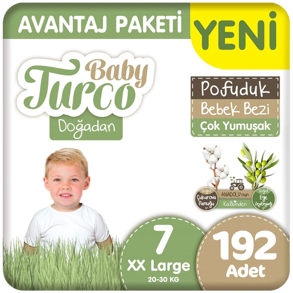 Baby Turco Doğadan 7 Beden Bebek Bezi Avantaj Paketi Pofuduk 48x4 192 Adet ürün görseli 1