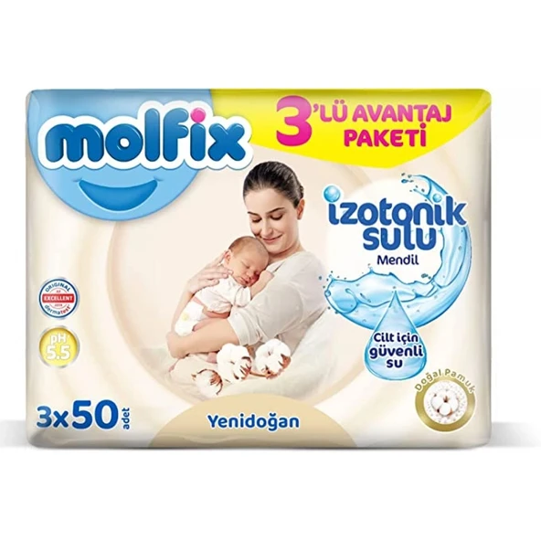 Molfix Yenidoğan İzotonik Sulu Doğal Pamuk Islak Havlu Mendil 3'lü 150 Yaprak ürün görseli 1