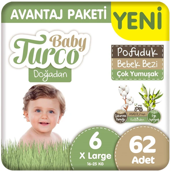 Baby Turco Doğadan 6 Beden Bebek Bezi Avantaj Paketi Pofuduk 62 Adet ürün görseli 1