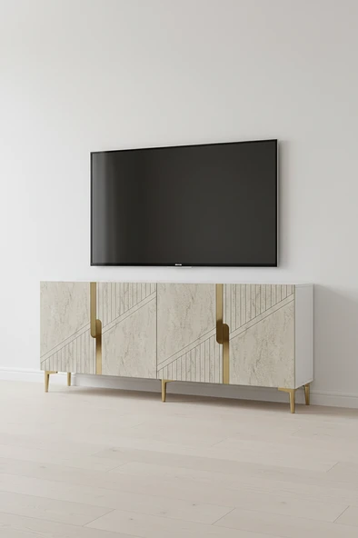 KA1828BTG EVVA Konsol ve Tv Sehpası Beyaz-Traverten-Gold 180cm ürün görseli 1
