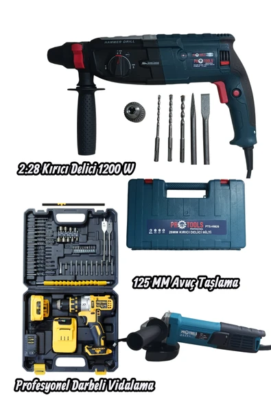 Profesyonel 3'lü Set - 1200W Kırıcı Delici Hilti, 125 mm Avuç Taşlama ve Çift Akülü, Full Set, Darbeli Vidalama Matkap Takımı ürün görseli 1