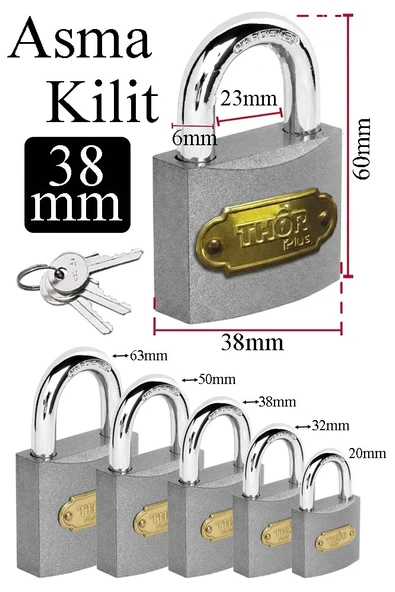 Orta Boy Asma Kilit 38 mm 1 Adet Thor Plus Paslanmaz Metal Asma Kilit Dayanıklı Yedek Anahtarlı Zincir Kilidi Kapı Bahçe ürün görseli 1