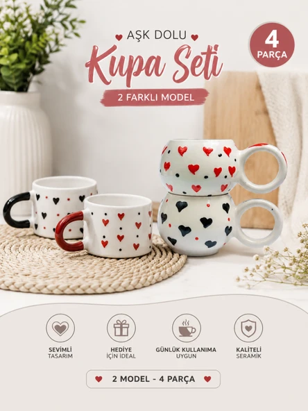El Işlemeli 4 Parça Sevgi Kupası - Kalpli Kupa - Evli Ve Sevgili Mutluluk Kupası - Tamamen El Işciliği Hediyelik. ürün görseli 1