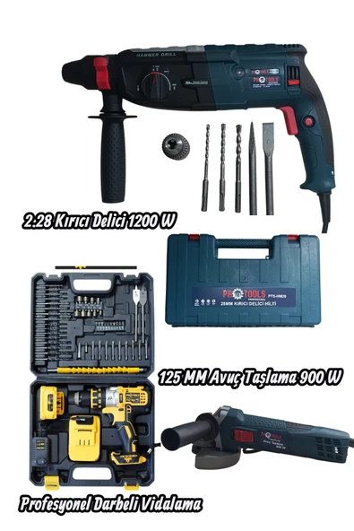 Profesyonel 3'lü Set - 1200W Kırıcı Delici Hilti, Avuç Taşlama Spiral 900 W ve Çift Akülü, Full Set, Darbeli Vidalama Matkap Takımı ürün görseli 1