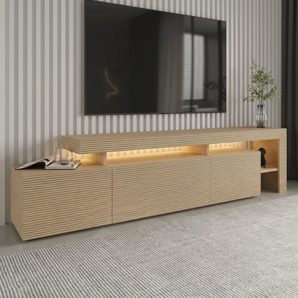 Beliz Modern LED Işıklı 3 Kapaklı, Raflı TV Sehpası – 192 cm  Sıcak Meşe/Safir Meşe ürün görseli 1