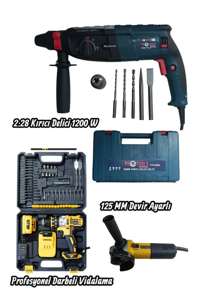 Profesyonel 3'lü Set - 1200W Kırıcı Delici Hilti, Devir Ayarlı 780 W Taşlama ve Çift Akülü, Full Set, Darbeli Vidalama Matkap Takımı ürün görseli 1