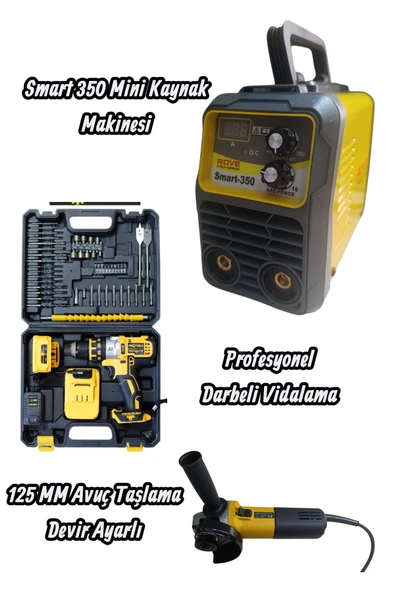Profesyonel 3 lü Makine Seti - Rove Smart-350 Amper Mini Kaynak, Akülü Vidalama Matkap Takımı ve Devir Ayarlı Taşlama 780 W ürün görseli 1