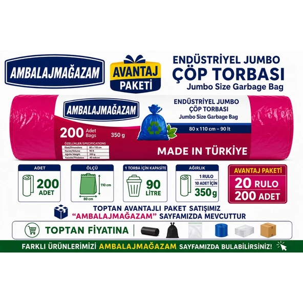 Ethex 200 Adet 20'Li Avantaj Paket 80x110 cm Endüstriyel Jumbo Çöp Torbası 90 Litre Ağır Hizmet 350gr Çöp Poşeti ürün görseli 1
