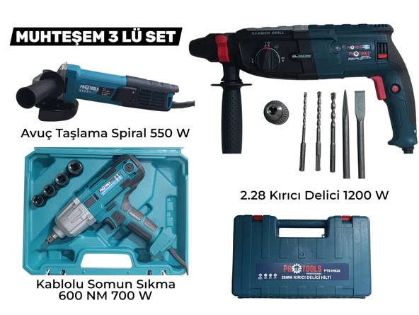 Kablolu 3 lü Set 2.28 Kırıcı Delici (1200 W ) - Kablolu Somun Sıkma ( 600 NM ) - Spiral Avuç Taşlama ( 550 W ) ürün görseli 1
