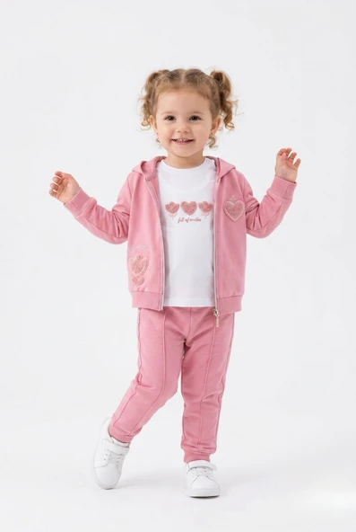 Toontoy Kız Çocuk 3'lü Eşofman Takımı Uzun Kollu Bisiklet Yaka Nakışlı T-shirt - Kapüşonlu Fermuarlı Hırka- Beli Paçası Lastikli Eşofman Altı 25041 ürün görseli 1
